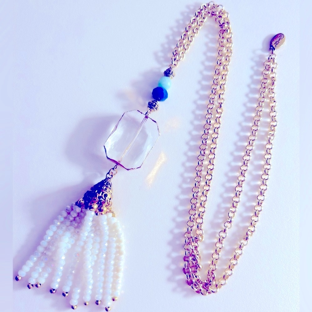 Queen B’s necklace faceted crystal, filigree opalescent bead tassel  chain 32”